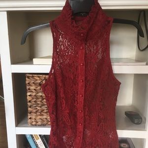Nasty Gal Deep Red Lace Tank Top Button Up